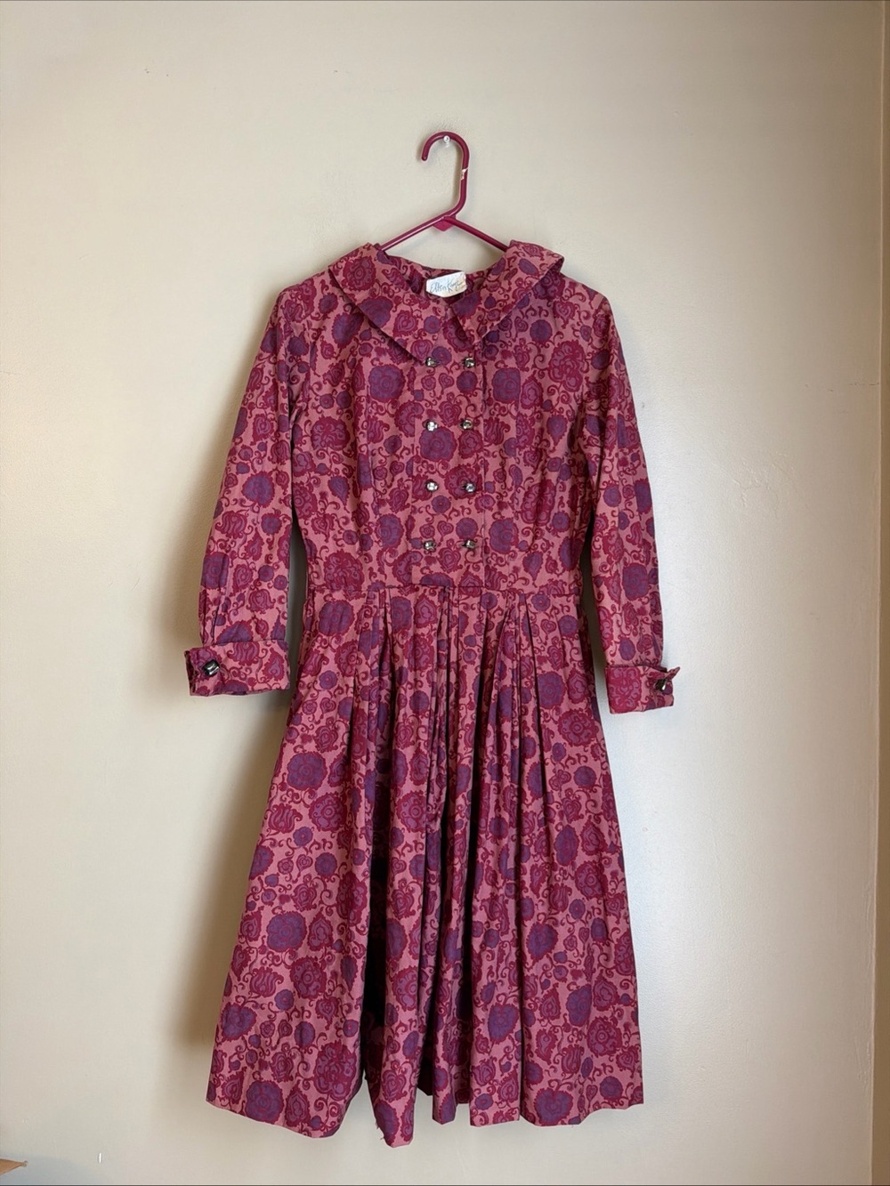 Ellen Kaye Vintage 1940s 1950’s Dress Pleated Midi Double Buttons Long Sleeve